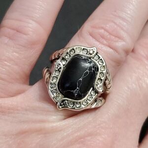Silver plated black stone ring Almost a size 6